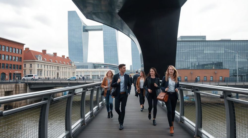 Young professionals cross a bridge towards office towers in central London at rush hour