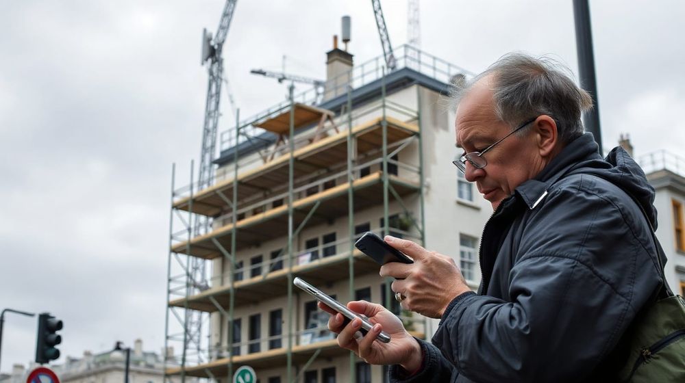 Mobile phone mast on a London rooftop next to a building under redevelopment
