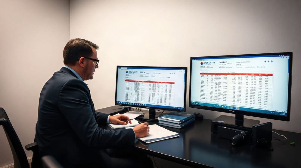 A financial investigator reviews transaction records on two screens in a UK police office