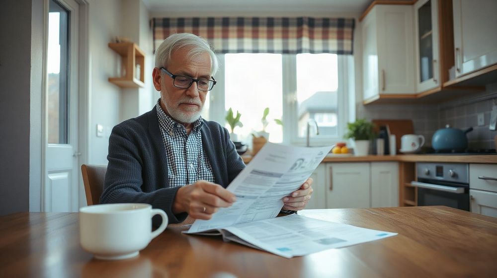Person in their fifties reviewing pension paperwork at a kitchen table