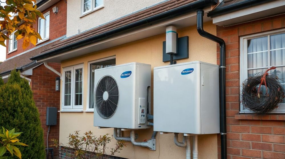 An air source heat pump unit fitted to the side of a suburban British house