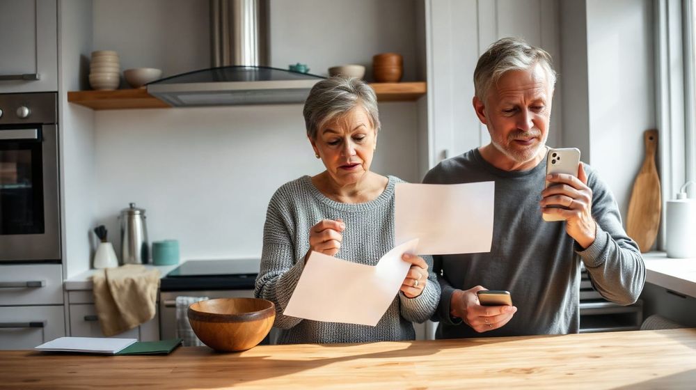 Couple in kitchen reviewing energy bills and smartphone, illustrating energy supplier switching rights article.