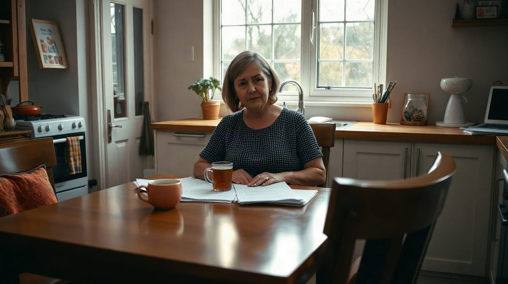 Woman reviewing paperwork at a kitchen table