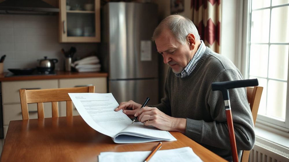 A man in his fifties fills in a benefits form at a kitchen table with a walking stick beside him
