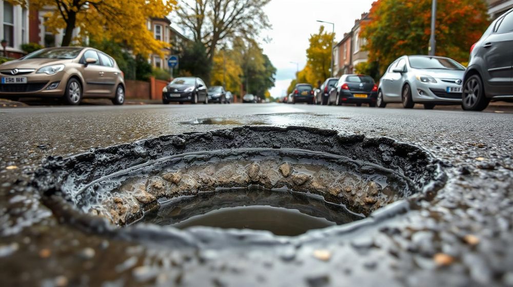A deep pothole filled with rainwater on a residential road