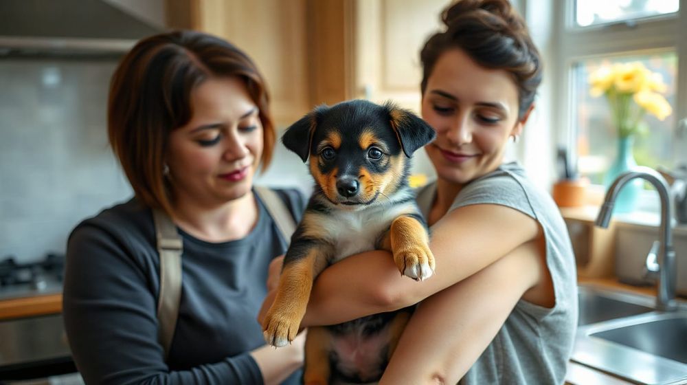 Woman holding a young puppy in a home kitchen