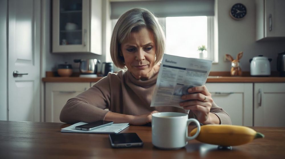A woman at a kitchen table reviewing a paper bank statement beside her mobile phone, illustrating an unexpected subscription charge from an online lookup service.