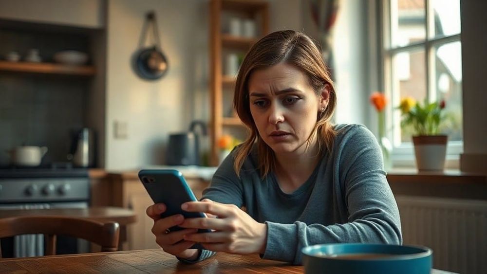 A person checking their phone at a kitchen table in a UK home
