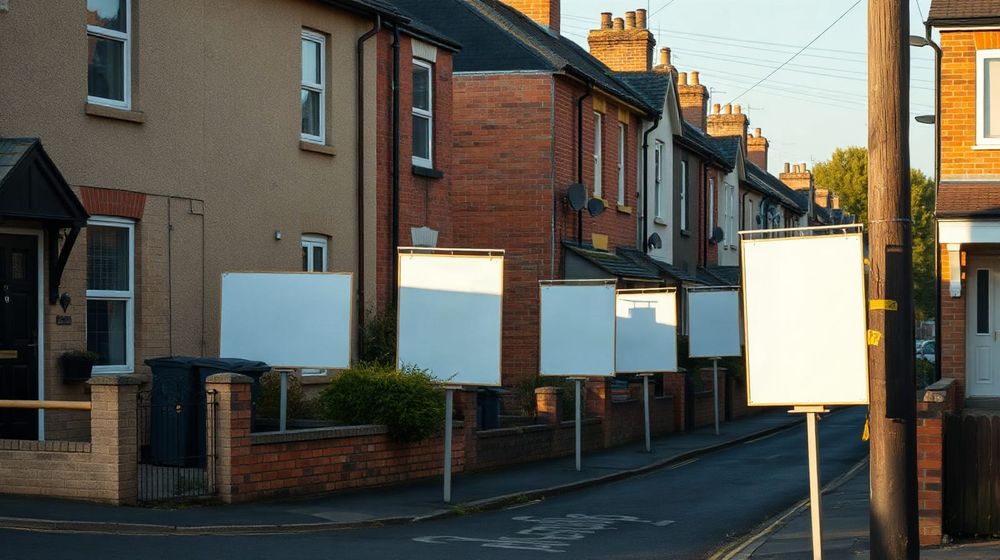 For sale boards outside a row of terraced houses on a UK street