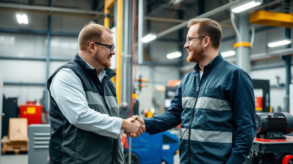 Two engineers shaking hands beside a motor test bench in a UK workshop