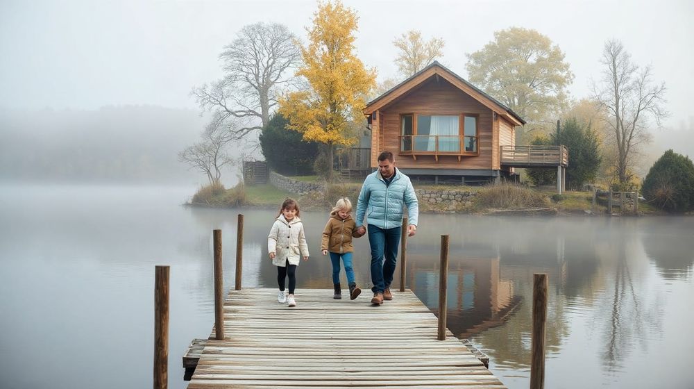A family walks along a wooden jetty on a misty autumn lake in Dorset with a timber holiday house behind them