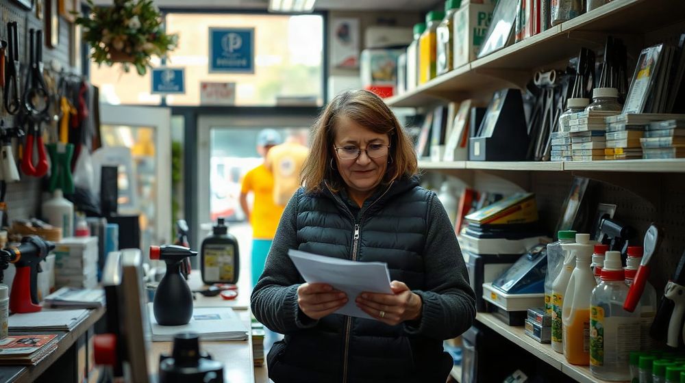 A shop owner reviews paperwork at the counter of a small independent store in a British high street
