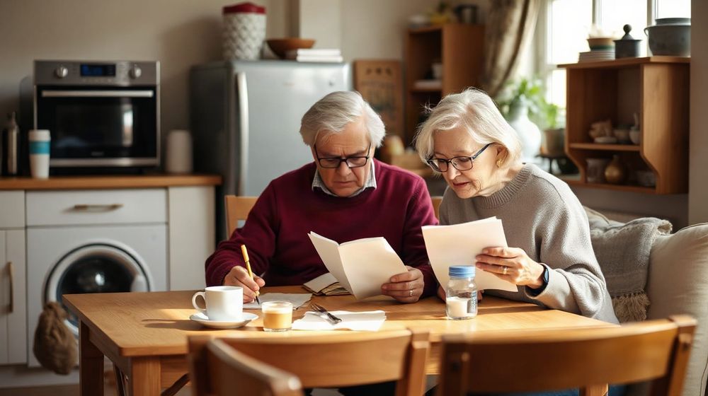 Older couple reading a letter at a kitchen table, documentary photograph