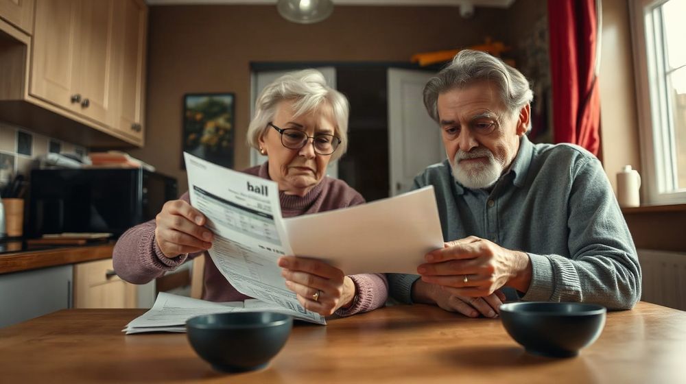 Couple in a UK kitchen looking at an energy bill, illustrating average household energy costs and price cap statistics.