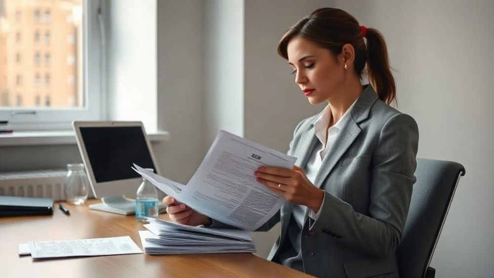 A compliance officer reviewing printed regulatory notices at a desk in a London office