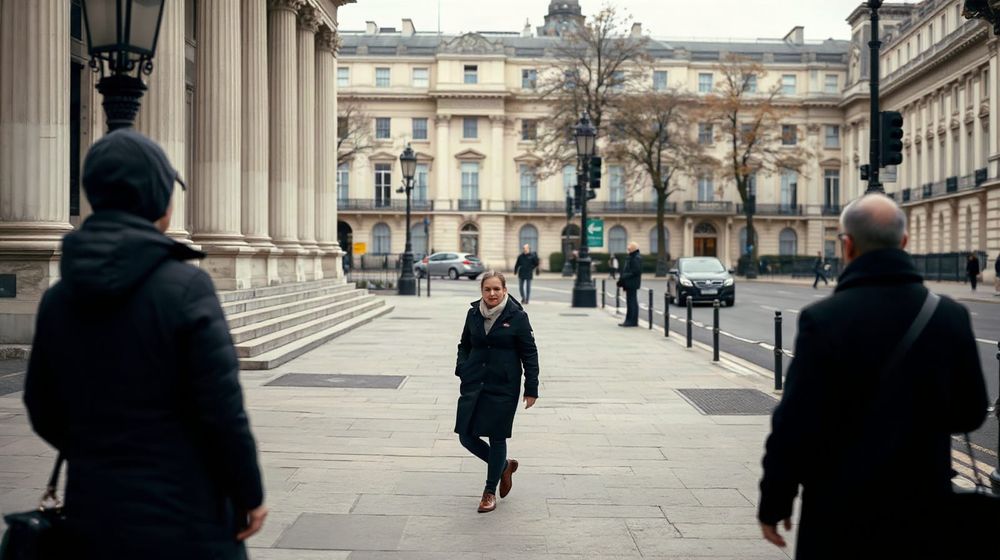 Civil servant walking along Whitehall in London on an overcast autumn morning
