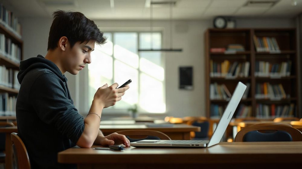 Young adult checking savings on a phone at a desk