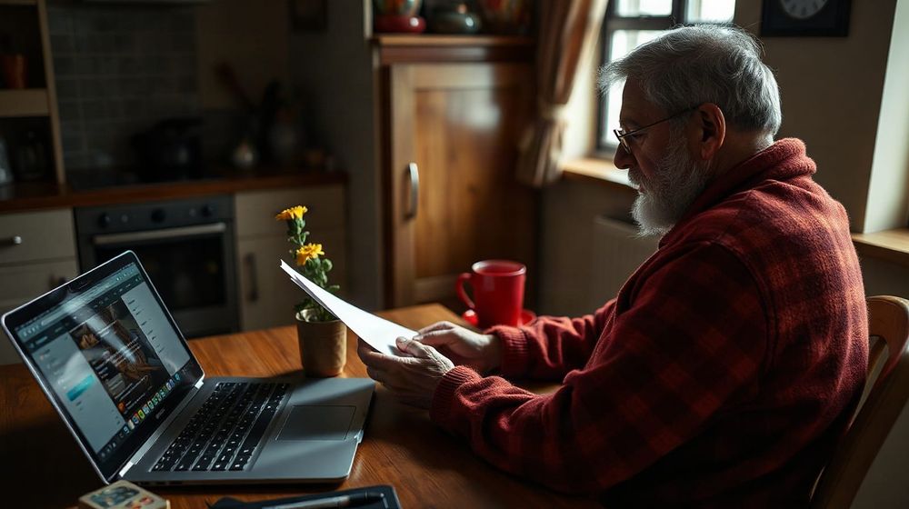Man at a kitchen table reading a letter beside a laptop showing an email inbox