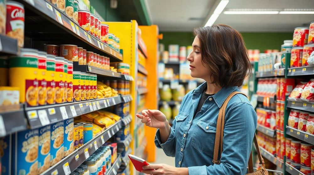 A shopper compares prices on a supermarket shelf of store cupboard staples
