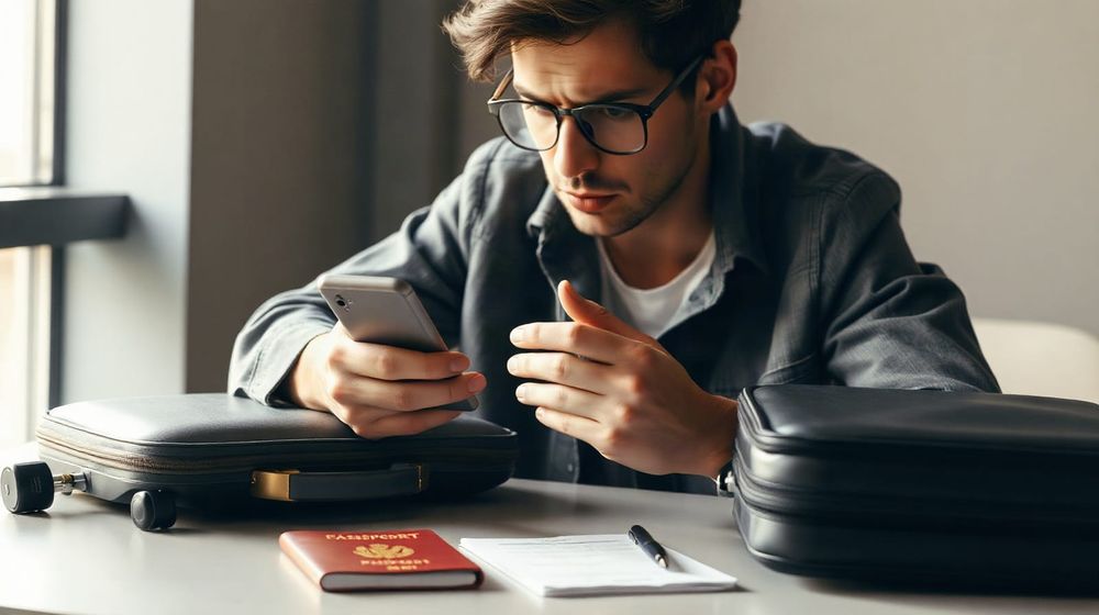 Traveller checking a phone beside a suitcase