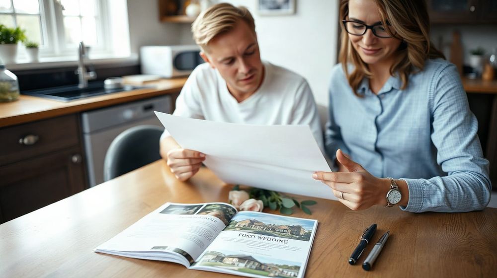 Couple reviewing wedding paperwork at a kitchen table