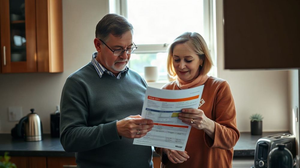 Couple examining an energy bill in a bright kitchen, illustrating dual fuel tariffs and UK household energy choices.