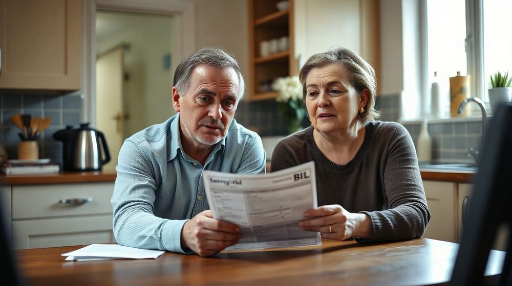 Couple examining an energy bill in a kitchen, illustrating the 2026 price cap impact on household costs.