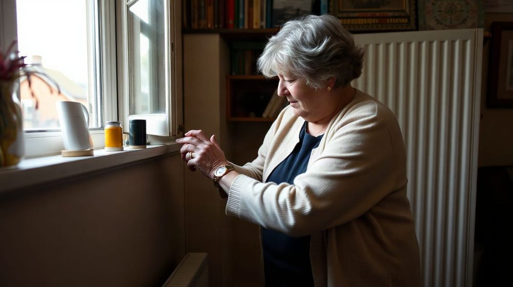 An older woman adjusts a radiator thermostat in a British living room