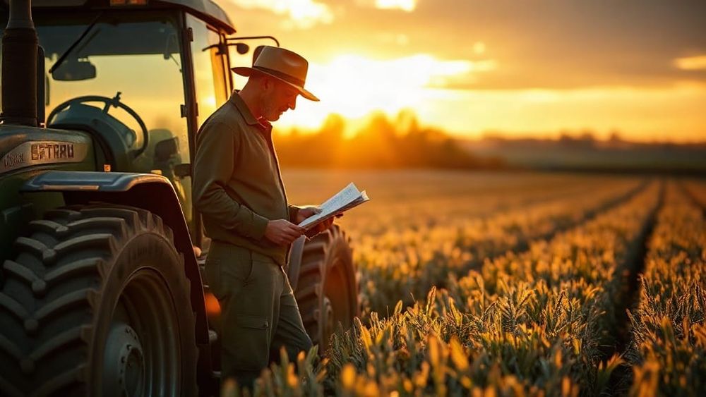 Farmer beside a tractor in a field reviewing paperwork