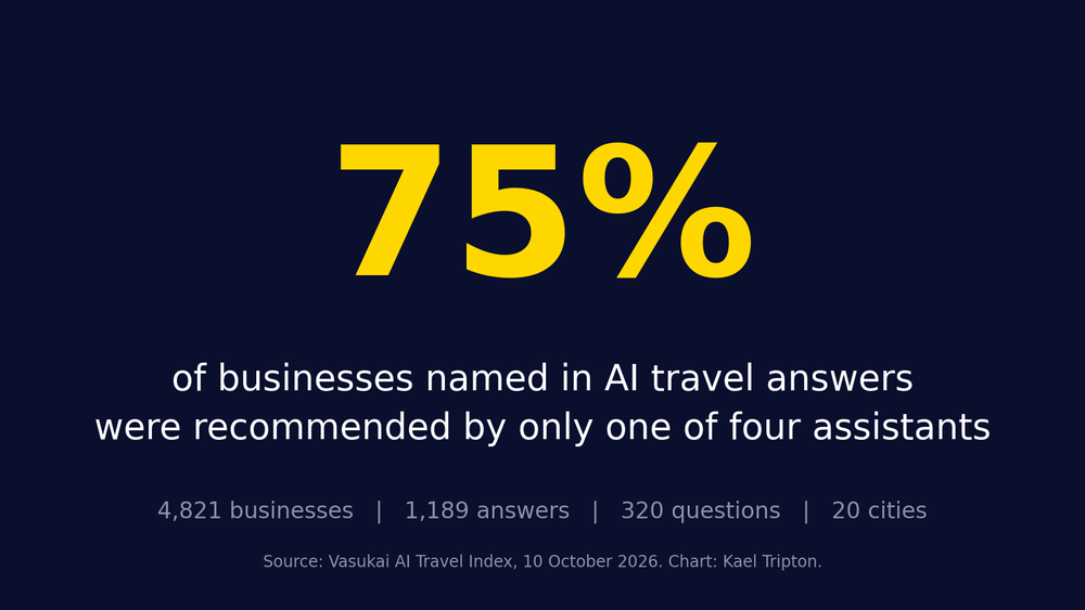 Chart: 75% of businesses named in AI travel answers were recommended by only one of four assistants