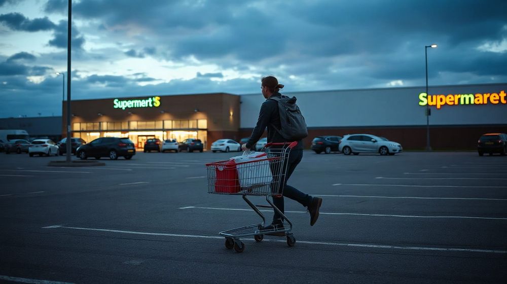 Shopper pushing a trolley across a UK retail park car park with two supermarket buildings behind
