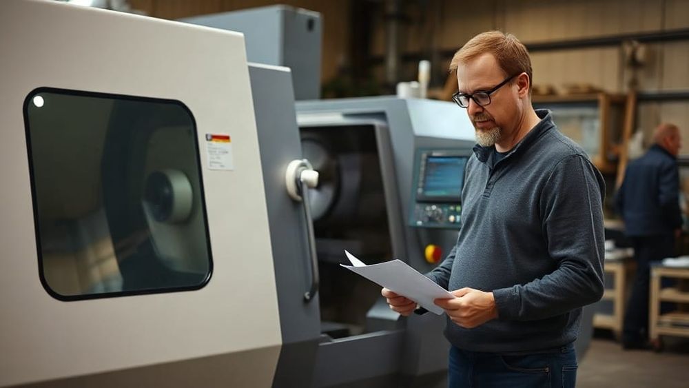 Business owner reviewing paperwork beside new workshop machinery