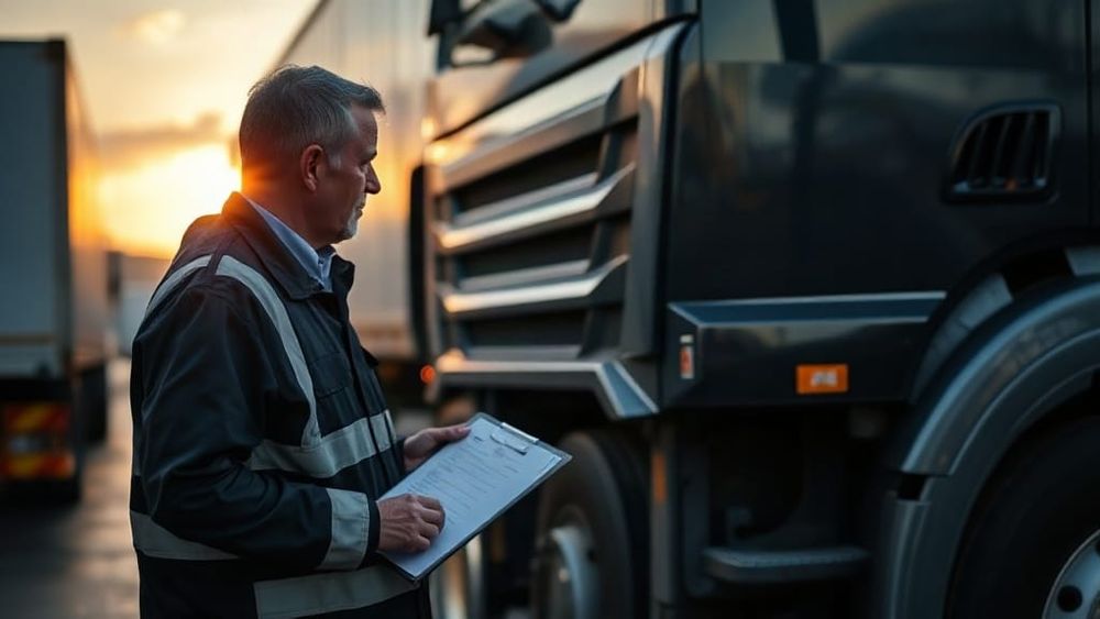 Haulage operator inspecting a lorry in a depot yard