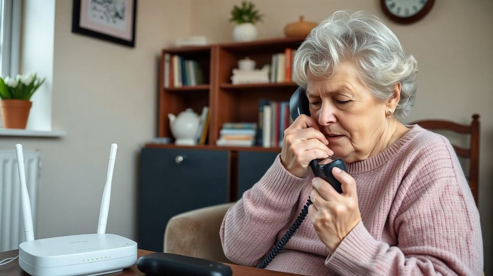 Woman using a home phone beside a broadband router