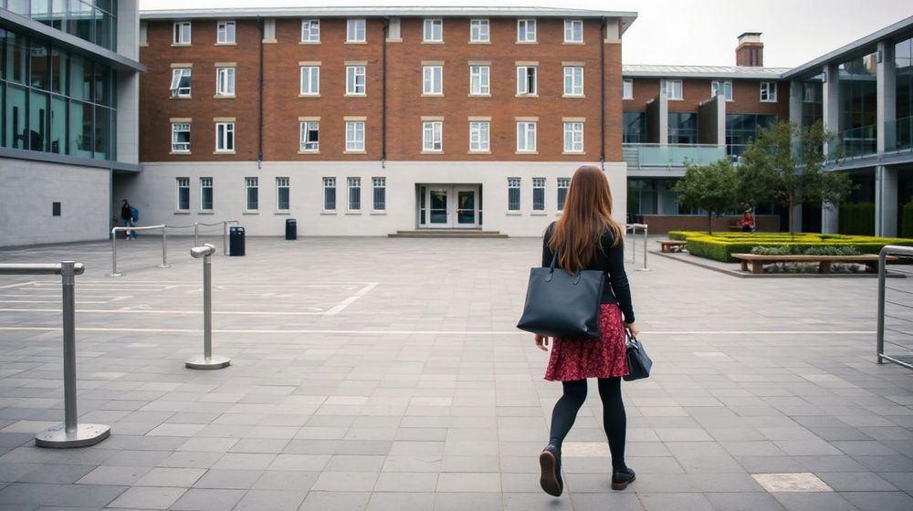 Student walking across a university campus