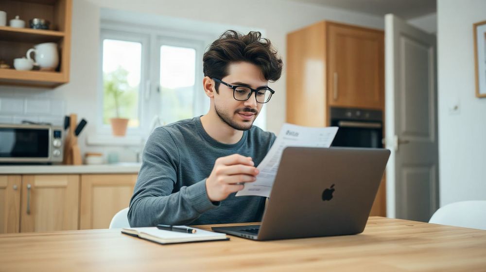 Man checking a broadband bill on a laptop