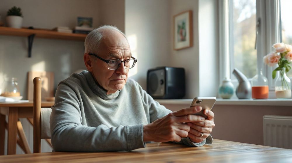 An older person checking a payment on a smartphone at home