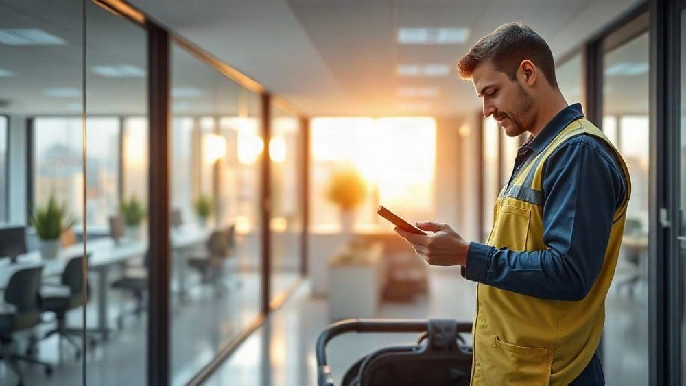 Commercial cleaner ticking a checklist on a phone