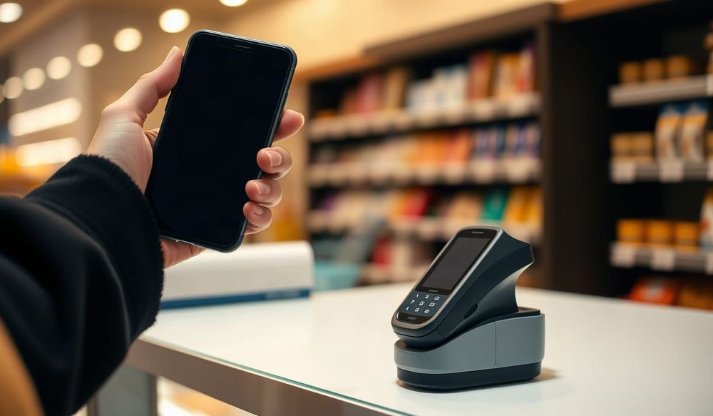 Shopper holding a smartphone near a contactless card reader at a shop counter