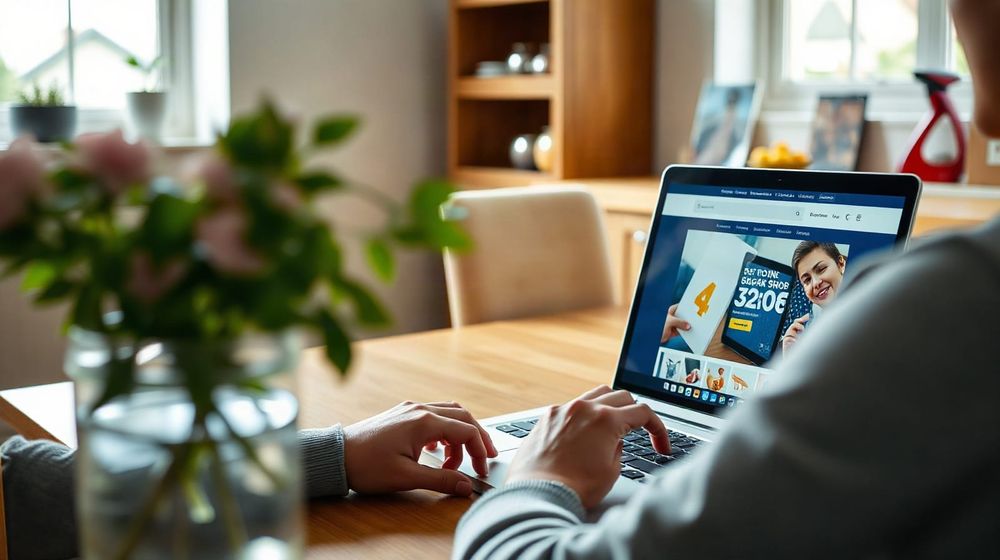A shopper looking at an online countdown sale on a laptop at a kitchen table