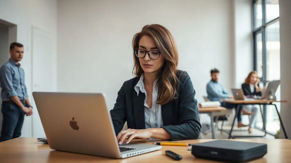 Office worker using a laptop at a desk in an open-plan office