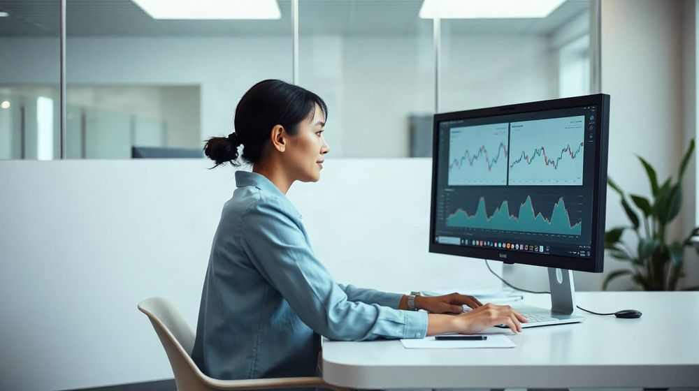 Analyst working at a desk with market charts