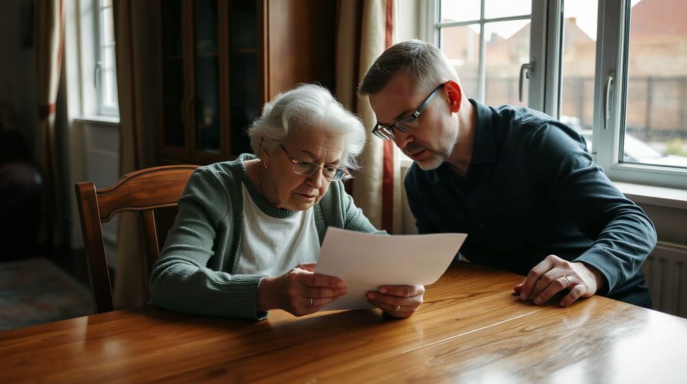 Older woman at a dining table reading a letter with a relative sitting beside her