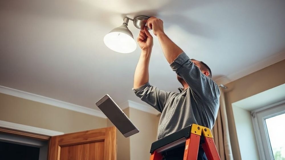 Electrician fitting a ceiling light with a tablet nearby