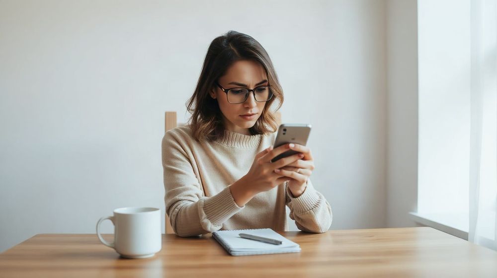 Person checking a payment app on a phone at a kitchen table