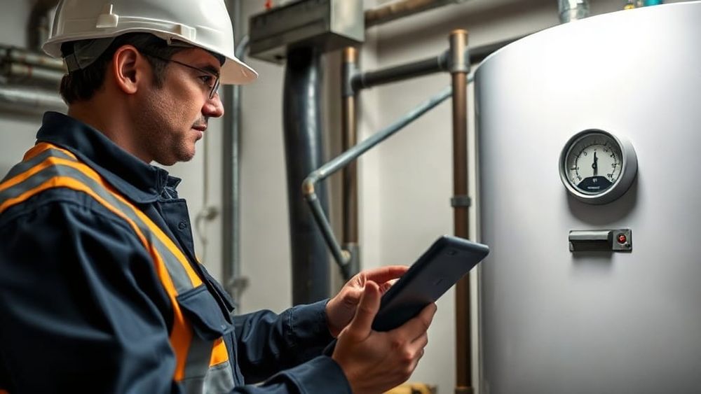 Facilities manager checking a water heater gauge