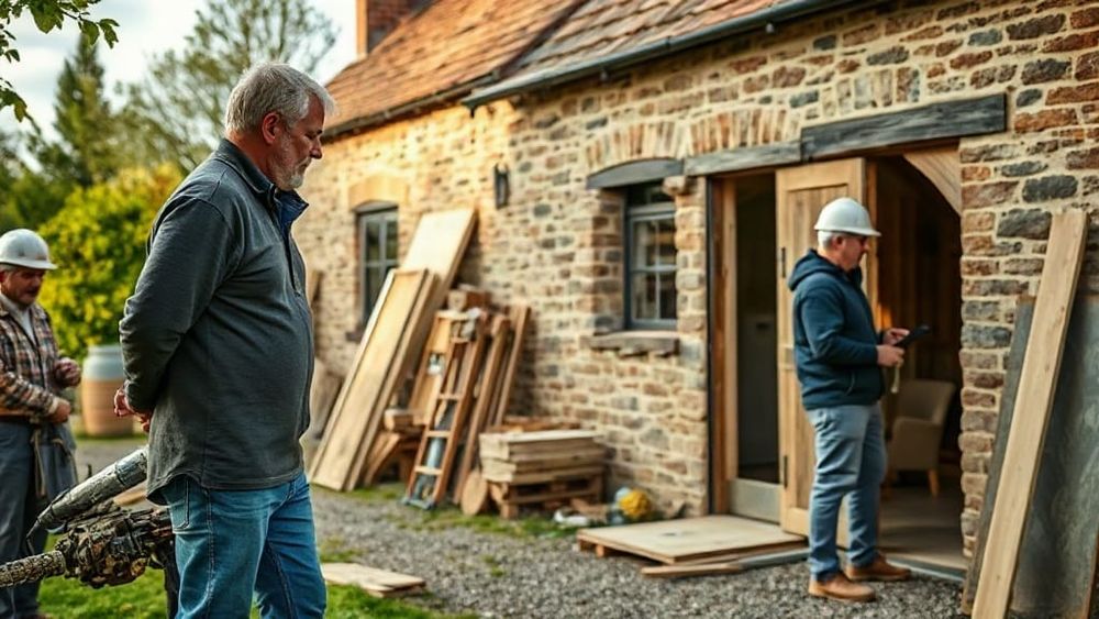 Farmer and builder outside a converted farm barn