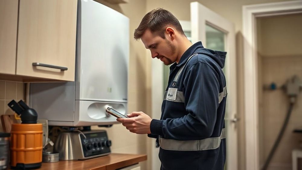 Gas engineer servicing a boiler and entering readings on a phone