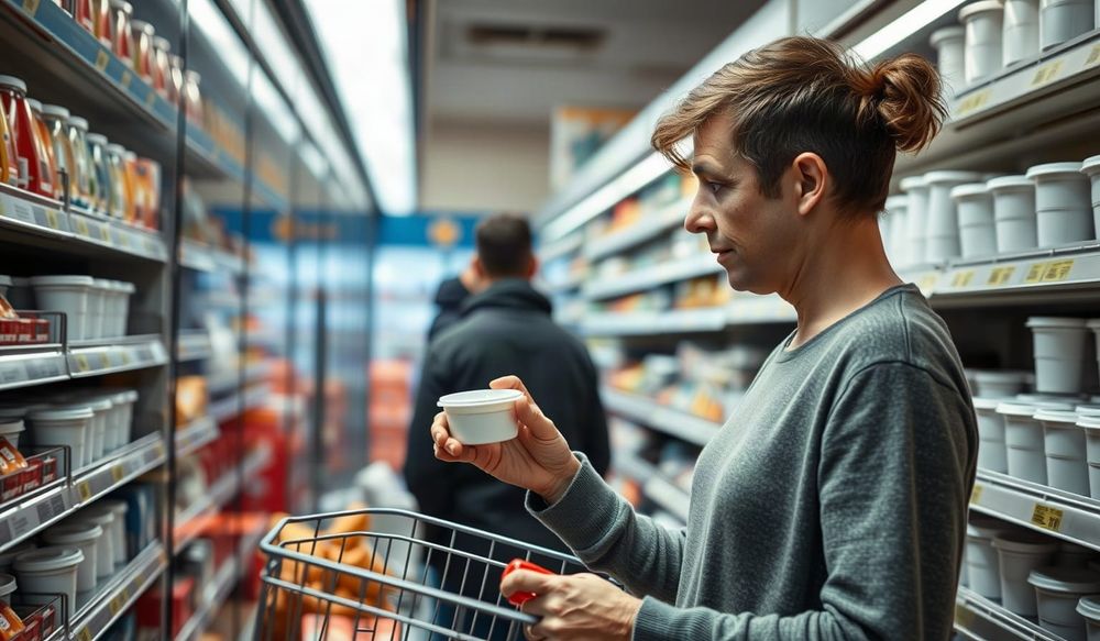 Small tubs of chilled spread in a supermarket fridge, close view, no readable labels