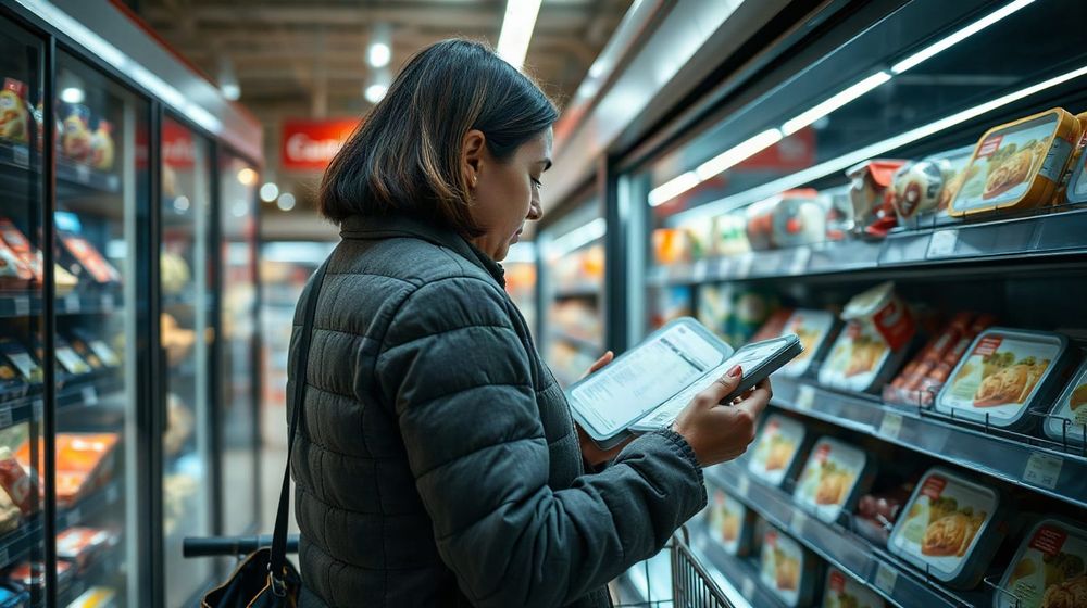 Shopper reading the label on a chilled ready meal in a supermarket aisle